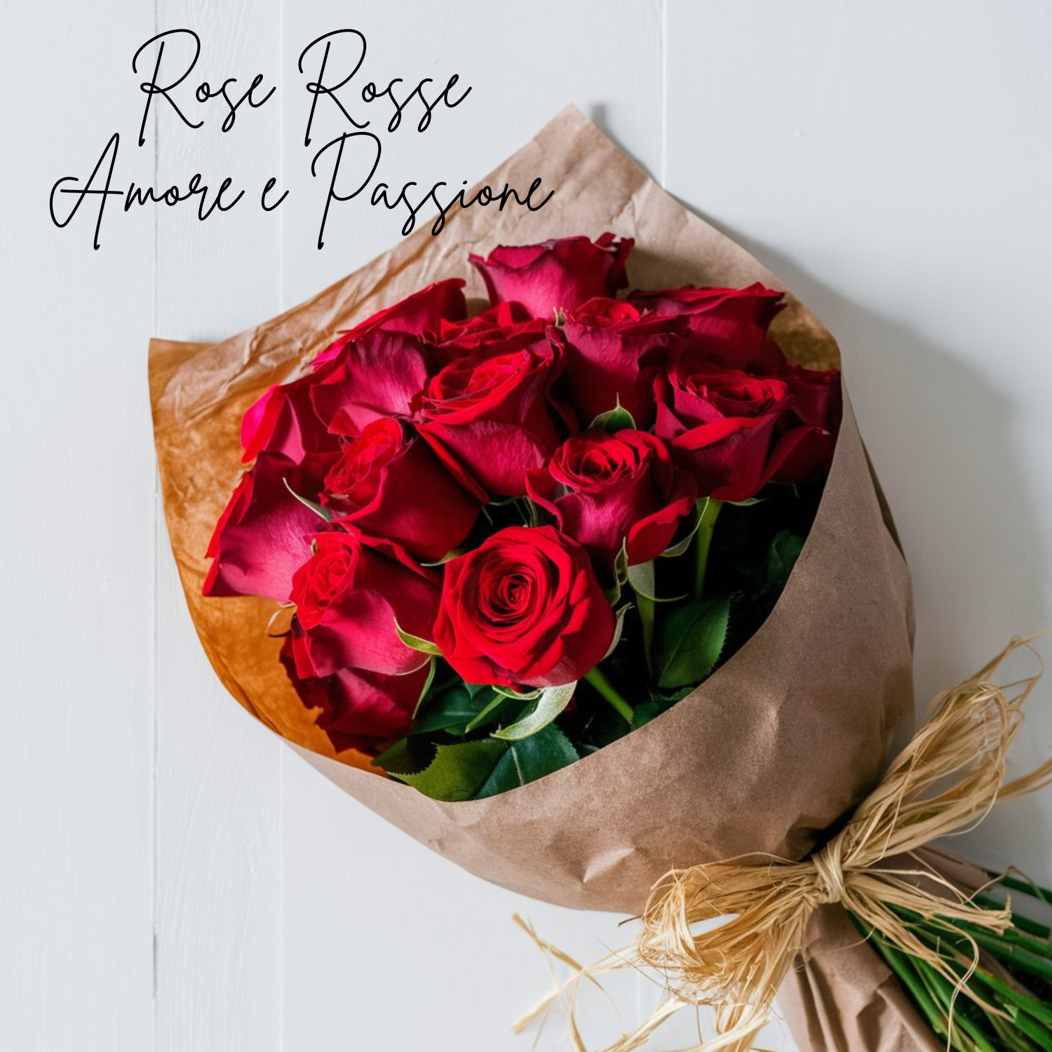 Mazzo di rose rosse in carta naturale con fiocco di rafia naturale. Soundyflower, fiori accompagnati da videomessaggi.