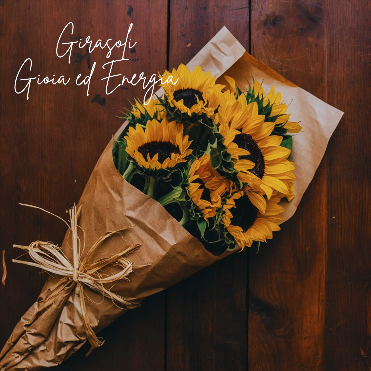 Foto di girasoli incartati con carta naturale e legati con rafia naturale, su un tavolo marrone